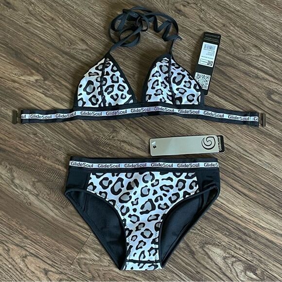 NWT GlideSoul Leopard Print Neoprene Bikini Set Black White Gray Size Small - Picture 1 of 10